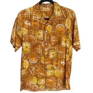 Vintage 60s Yellow Gold Hawaiian Shirt Aloha Button Up Short Sleeve Tiki Floral